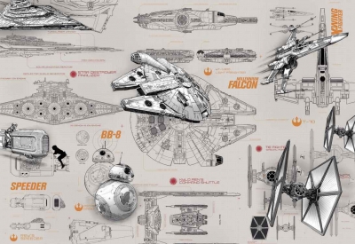 Fototapeta Star Wars - Hvězdné války, plány X-Wing Fighter, Millennium Falcon, BB-8 a Speederu